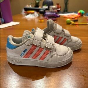 Adidas Kids Sneakers with Coral Stripes and Blue Accents